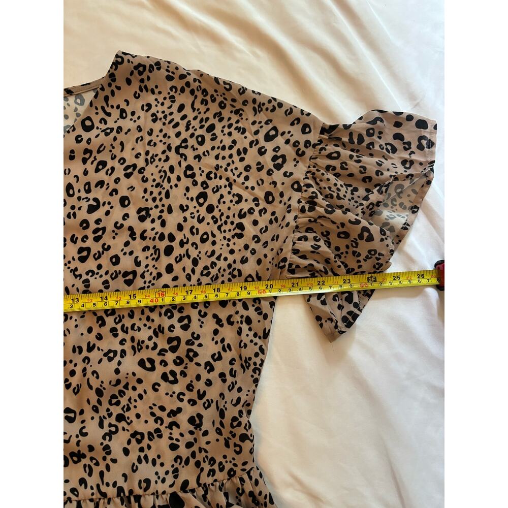 SHEIN Leopard Cheetah Print Brown Black Short Sleeve Top Button-Up Peplum Mediun - Picture 7 of 8